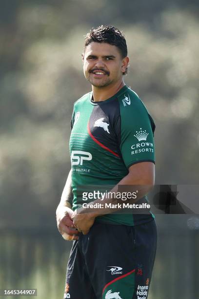 Latrell Mitchell looks on during a South Sydney Rabbitohs NRL Training Session at USANA Rabbitohs Centre on August 29, 2023 in Sydney, Australia.