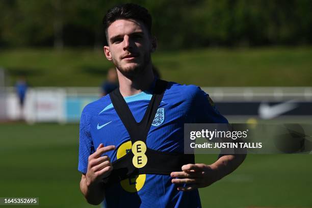 England's midfielder Declan Rice attends an England football team training session at St George's Park in Burton-Upon-Trent, on September 5, 2023...