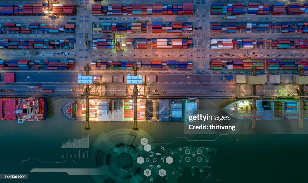 Container Visibility Map Aerial View Container Ship With World Map Logistic Network Distribution ...