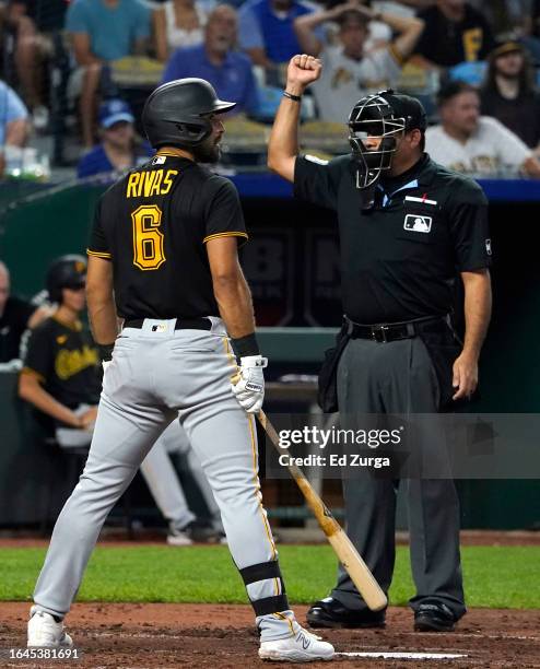 Home plate umpire Nestor Ceja signals an auto strike on Alfonso Rivas of the Pittsburgh Pirates in the fourth inning against the Kansas City Royals...