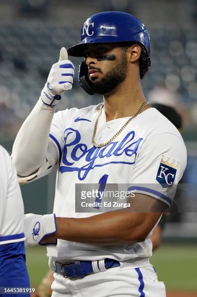 Melendez of the Kansas City Royals celebrates a single in the third inning against the Pittsburgh Pirates at Kauffman Stadium on August 28, 2023 in...