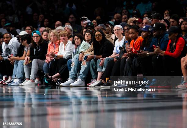American author Fran Lebowitz and recording artist H.E.R. Attend the game between the New York Liberty and Las Vegas Aces at Barclays Center on...