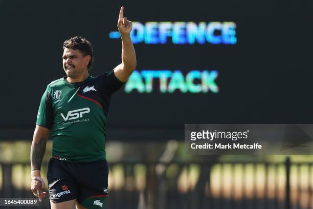 Latrell Mitchell reacts during a South Sydney Rabbitohs NRL Training Session at USANA Rabbitohs Centre on August 29, 2023 in Sydney, Australia.