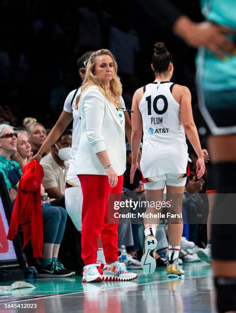 Becky Hammon, head Coach of the Las Vegas Aces, looks out after Kelsey Plum fouls out during game against the New York Liberty at Barclays Center on...
