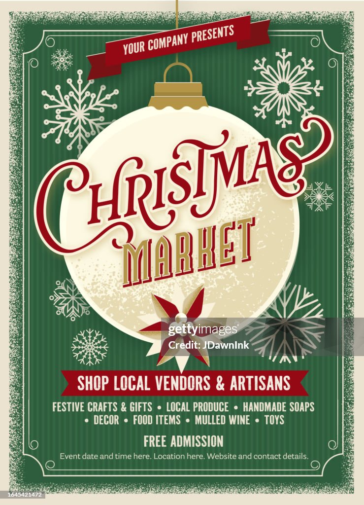 Modèle de conception d’affiche du marché de Noël avec ornement de décoration et conception de texte, dépliant, dépliant, publicité de style vintage