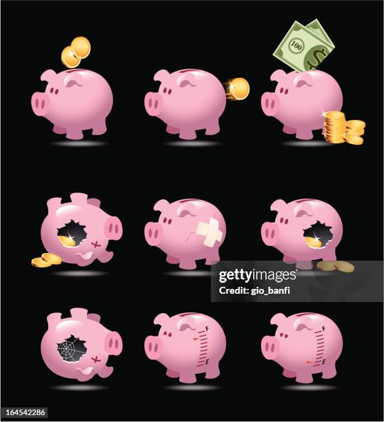 piggy bank icon set - damaged stock illustrations