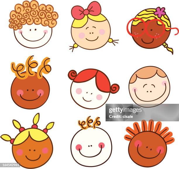 happy children portraits cartoon illustration - top of head stock illustrations