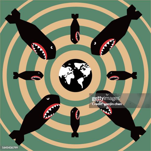 earth surrounded by shark bombs, anti war, peace poster - red camouflage pattern stock illustrations