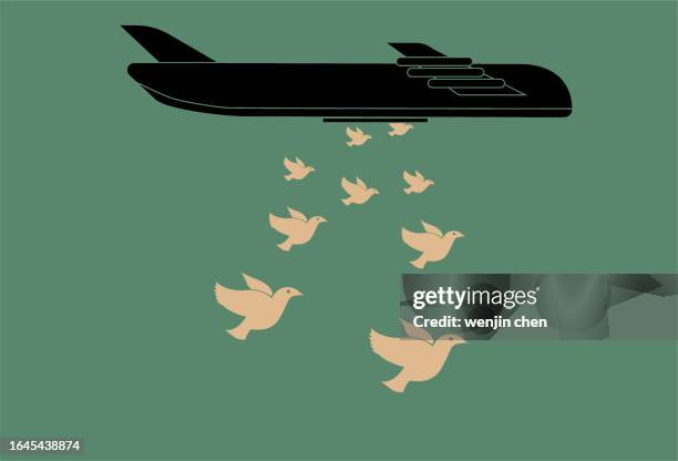 bombers dropped doves of peace, anti war, peace posters. - peace demonstration stock illustrations