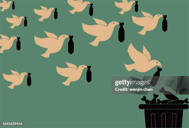 peace dove throws bombs into trash can, anti-war, peace poster. - nuclear weapon stock illustrations