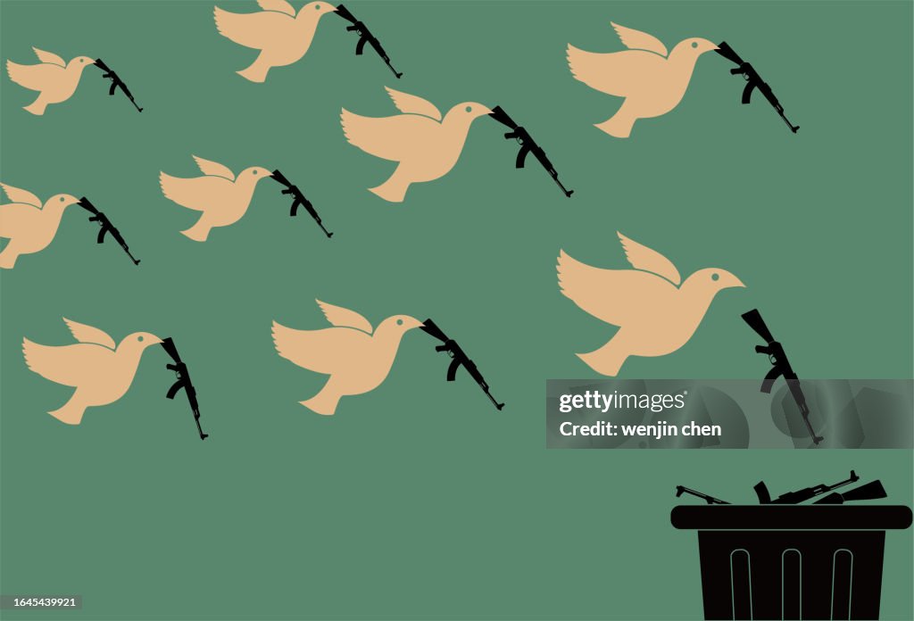 Friedenstaube, die Waffen in den Mülleimer wirft, Antikrieg, Friedensplakat