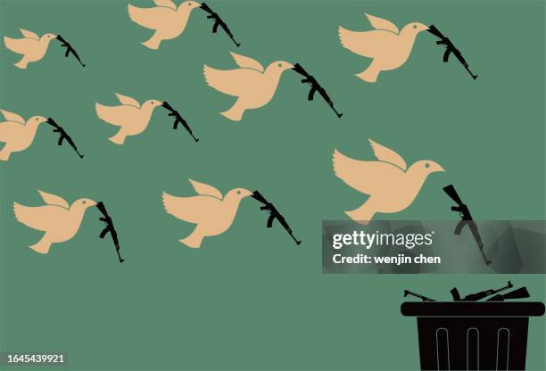 ilustraciones, imágenes clip art, dibujos animados e iconos de stock de paloma de la paz tirando armas a la basura, antiguerra, cartel de la paz - crimen con arma de fuego