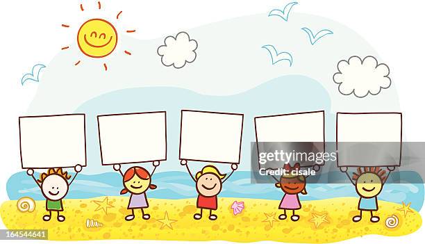 stockillustraties, clipart, cartoons en iconen met happy children friends holding banner at summer beach cartoon illustration - school rules