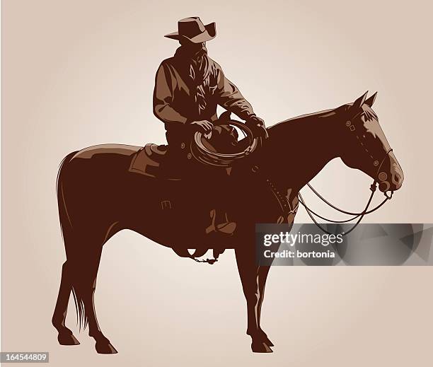 ilustraciones, imágenes clip art, dibujos animados e iconos de stock de vaquero en su caballo - cuarto de milla