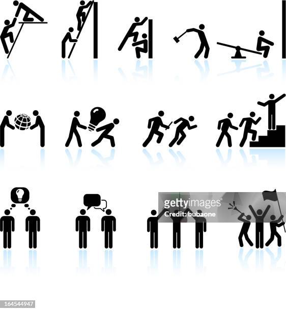 leadership and teamwork black & white vector icon set - trophy wall stock illustrations