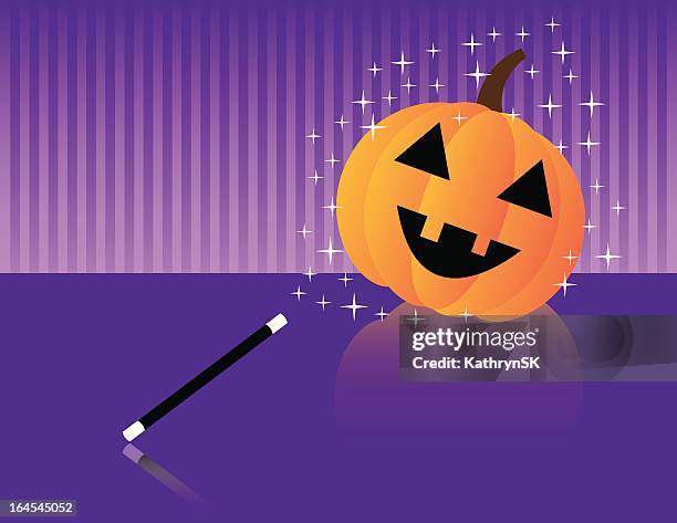 happy pumpkin with magic wand - casting spell stock illustrations