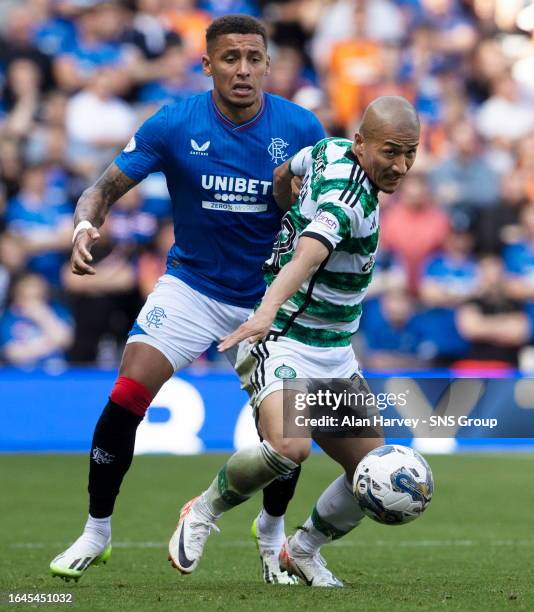 Celtic's Daizen Maeda and Rangers' James Tavernier during a cinch Premiership match between Rangers and Celtic at Ibrox Stadium, on September 03 in...