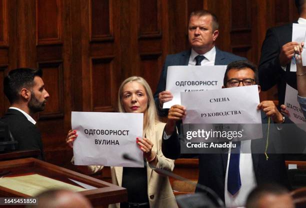 Opposition MPs in Serbia demonstrated during the National Assembly session, demanding 'early elections.' in Belgrade, Serbia on September 05, 2023....