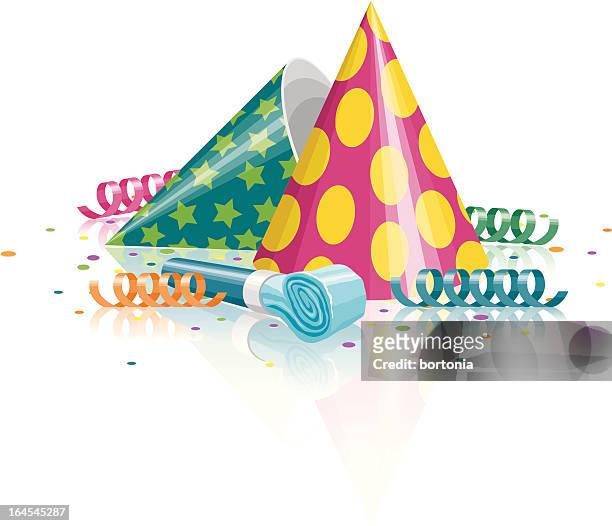 party hats, noisemaker, confetti and streamers - streamer stock illustrations