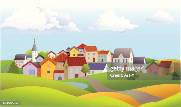 landscape of small town with church and rolling hills - town stock illustrations