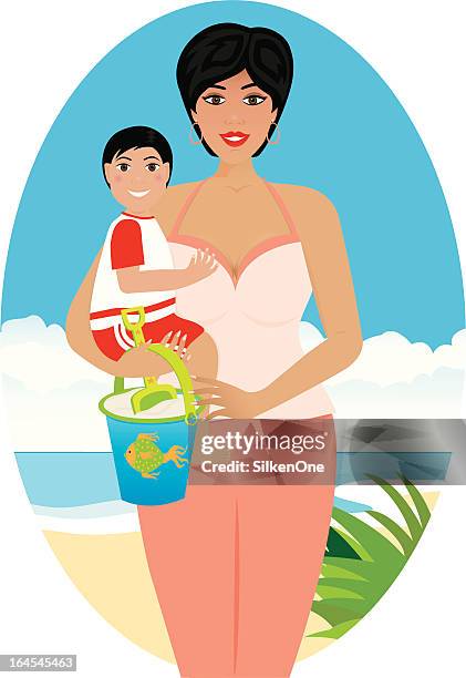 mom at the beach - sand bucket stock illustrations