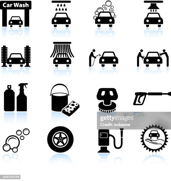 waschung schwarz und weiß lizenzfreie vektor icon-set - car wash stock-grafiken, -clipart, -cartoons und -symbole