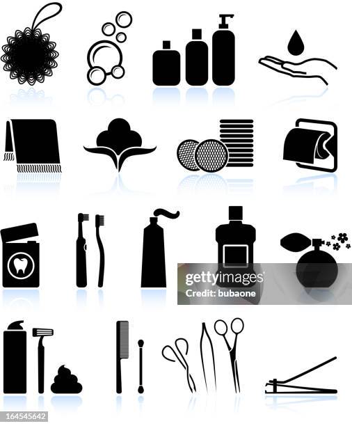 bildbanksillustrationer, clip art samt tecknat material och ikoner med bathroom accessories black and white royalty free vector icon set - toothpaste