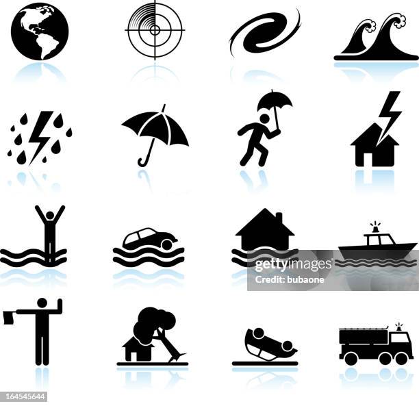 ilustraciones, imágenes clip art, dibujos animados e iconos de stock de huracán y tormenta tropical negro & conjunto de iconos de vector blanco - inundación
