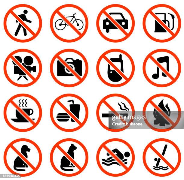 restrictions public signs black and white vector icon set - forbidden sign stock illustrations