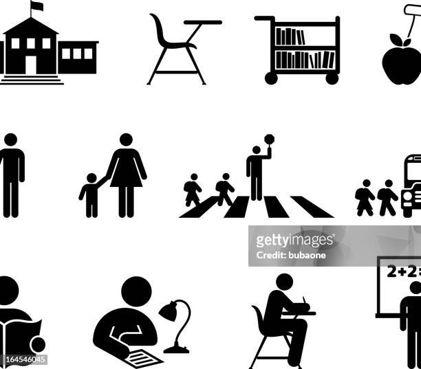 school and education black and white vector icon set - girl reading stock illustrations