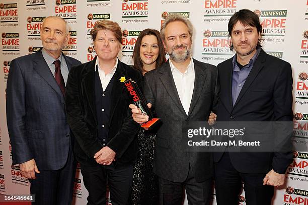 Michael G. Wilson, Robert Wade, Barbara Broccoli Sam Mendes and Neal Purvis pose in the press room with the award for Best Film for 'Skyfall' at the...