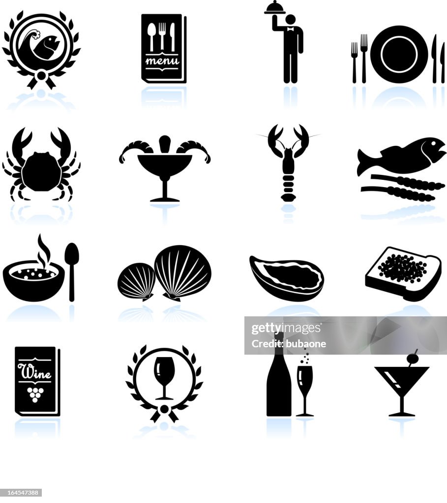 Quality Seafood restaurant black & white vector icon set