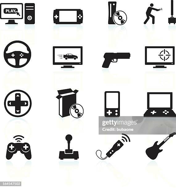 ilustraciones, imágenes clip art, dibujos animados e iconos de stock de videojuegos y entretenimiento negro & conjunto de iconos de vector blanco - marca de videojuego