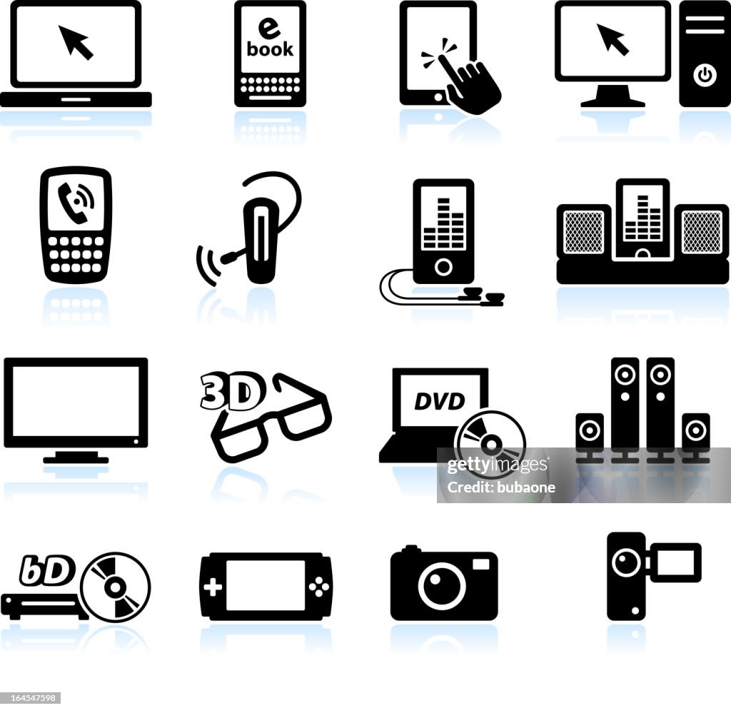 Modern consumer electronics black and white royalty-free vector icon set