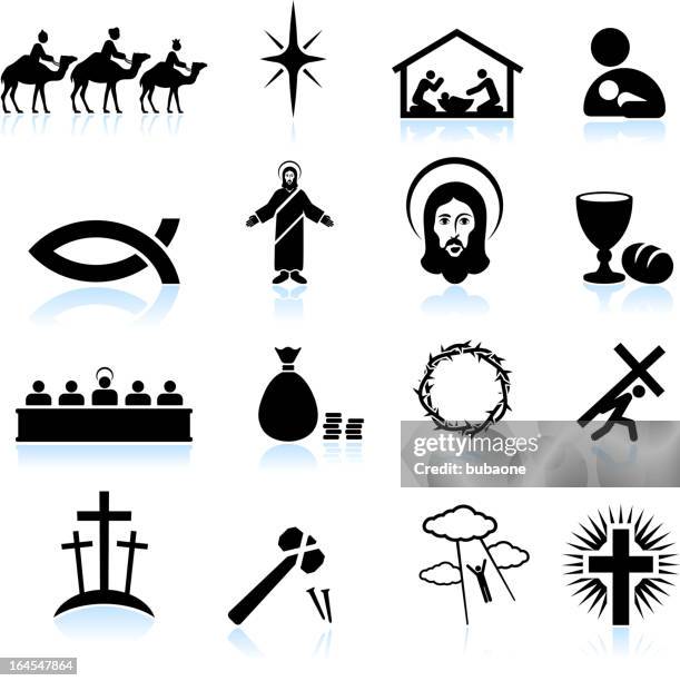 bildbanksillustrationer, clip art samt tecknat material och ikoner med jesus christ black and white royalty free vector icon set - resurrection religion
