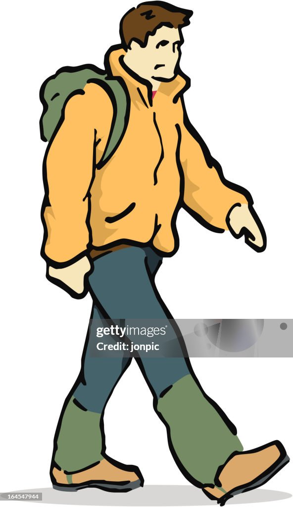 Strolling across the countryside, one man walking illustration