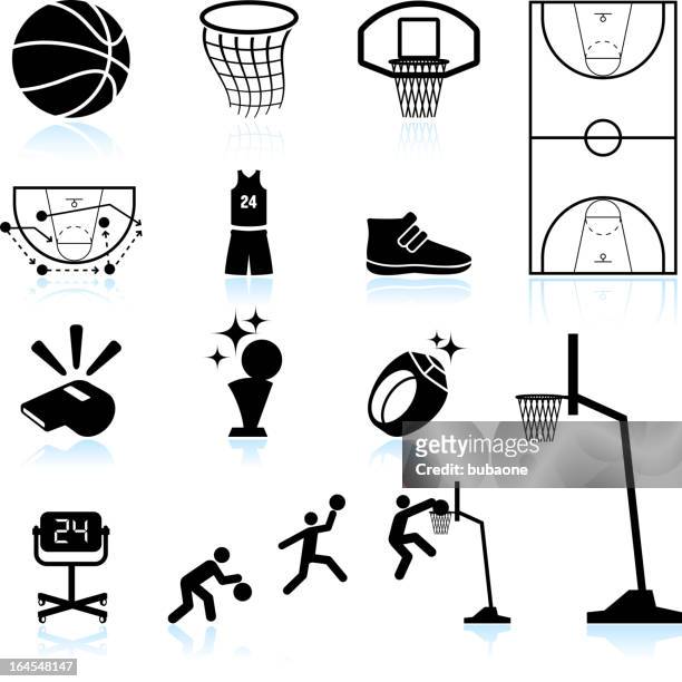 ilustraciones, imágenes clip art, dibujos animados e iconos de stock de básquetbol blanco y negro sin royalties de conjunto de iconos vectoriales - cancha de baloncesto