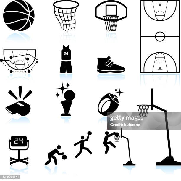 basketball black and white royalty free vector icon set - slam dunk stock illustrations