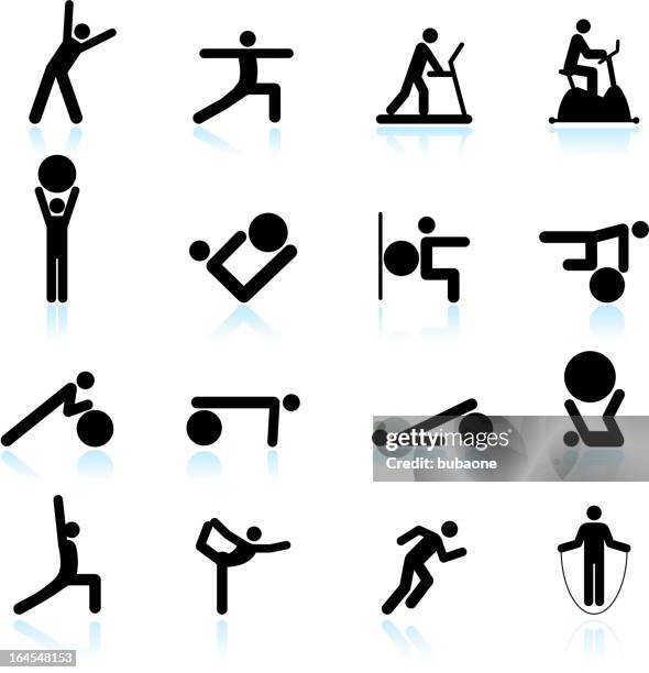 ilustraciones, imágenes clip art, dibujos animados e iconos de stock de fitness yoga ejercicios y gustos & conjunto de iconos en blanco y negro - tocar los dedos de los pies