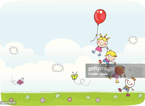 children flying with balloons at nature cartoon illustration - child playing stock illustrations