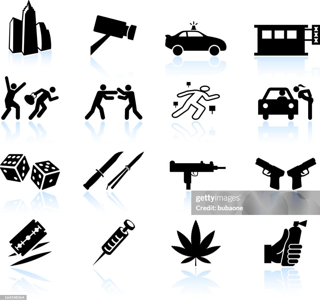 Urban crime and vice black & white vector icon set