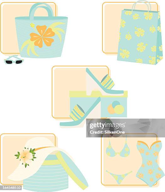 ilustraciones, imágenes clip art, dibujos animados e iconos de stock de iconos de ropa de playa - bolsa de playa