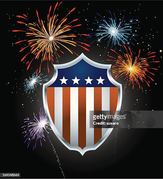 stockillustraties, clipart, cartoons en iconen met usa shield and fireworks - 4th of july