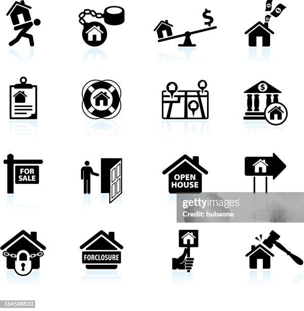 ilustraciones, imágenes clip art, dibujos animados e iconos de stock de embargo hipotecario en débil mercado inmobiliario blanco y negro de - subasta