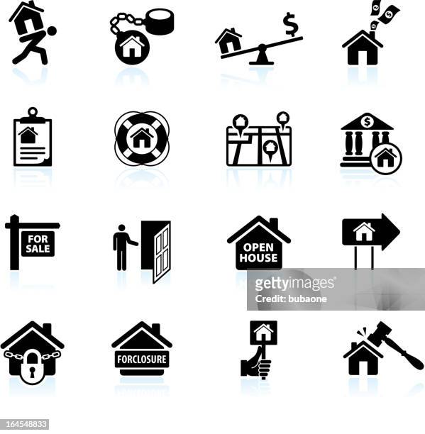 foreclosure in weak real estate market black and white set - entrance sign stock illustrations