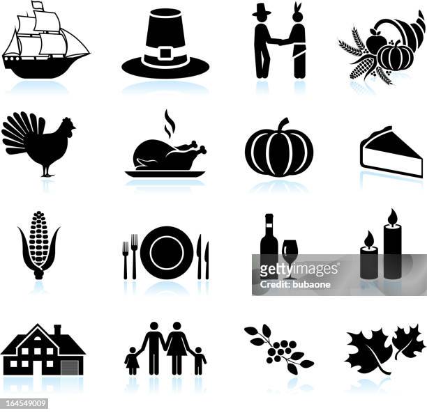 ilustrações de stock, clip art, desenhos animados e ícones de thanksgiving férias celebração preto & branco vector conjunto de ícones - cooked turkey white plate