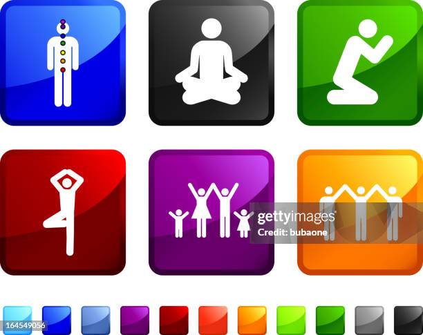 yoga and spirituality royalty free vector icon set stickers - stick figure arms raised stock illustrations