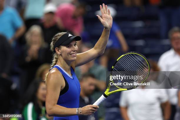 Caroline Wozniacki of Denmark celebrates her victory against Tatiana Prozorova during their Women's Singles First Round match on Day One of the 2023...