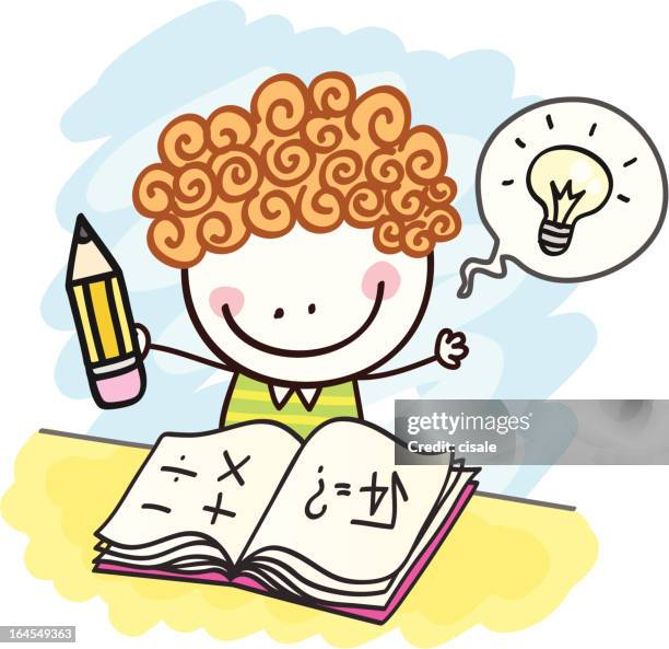 stockillustraties, clipart, cartoons en iconen met happy boy student working - wiskunde