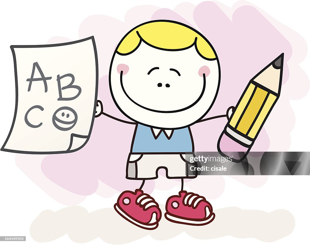 Boy With Pencil And Paper Cartoon Illustration High-Res Vector Graphic -  Getty Images